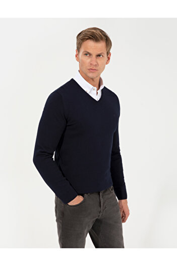 Pierre Cardin Navy Blue Slim Fit V-Neck Basic Knitwear Sweater 50257206-Vr033