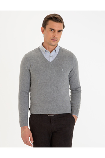 Pierre Cardin V-Neck Slim Fit Gray Sweater - 50229214 -Vr086