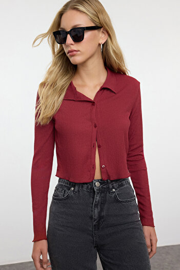 Trendyol Collection Πλεκτή μπλούζα Polo Neck Burgundy Crop - Κουμπωτό και τυλιγμένο, Εφαρμοσμένο Twoaw22Bz0241