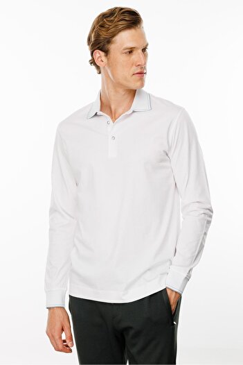 Desen Triko White Men's Polo Collar Long Sleeve Sweatshirt