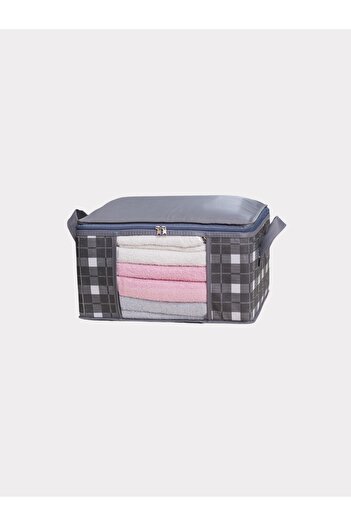 NACAREV Küçük Boy Pencereli Gri Kare Desen Ekoseli Dolap Içi Düzenleyici Havlu Organizer, Hurç 40x30x20 Cm