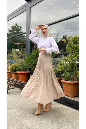 HMT ZEHRA GİYİM Πλισέ Flared Fit, (S-M-L-XL---36-48 SIZE RANGE), Stone Color Skuba Crepe
