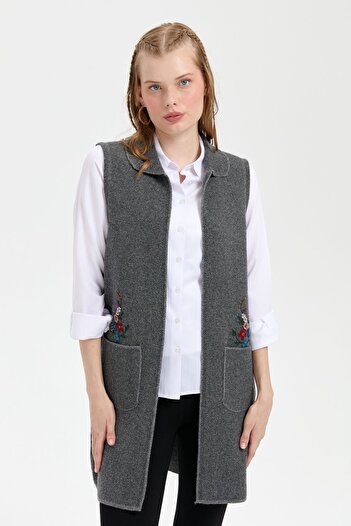 Desen Triko Women's Polo Neck Open Front Embroidered Long Wool Vest Smoked