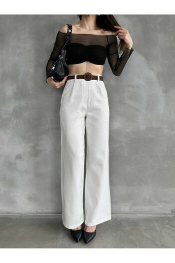 DENİKK DF1103 Women's Summer Trend Linen Trousers with Waist Belt