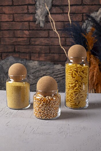 Karçiçeği Home 3-Piece Cork Lid - Glass Jar and Spice Jar Set