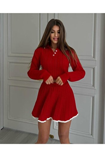 Lusin Women's Polo Collar Stylish Sweater Skirt Double Knitwear Set - Red