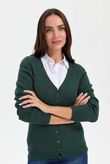 Desen Triko Green V-neck Seamless Women's Cardigan