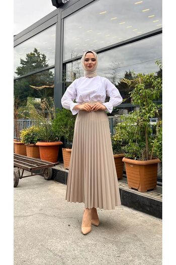 HMT ZEHRA GİYİM Pleated Flared Fit,(S-M-L-XL---36-48 SIZE RANGE), Stone Color Skuba Crepe Skirt