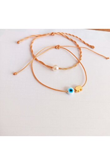 Lal 2-Piece Pearl Evil Eye Bead Elephant Figured Anklet