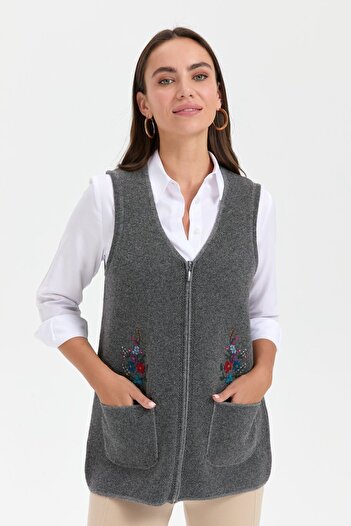 Desen Triko Smoke Colored Women's Wool Vest - V-neck, Embroidered Pocket