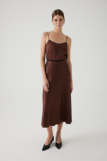 Exquise Regular Cut Satin Midi Brown Skirt