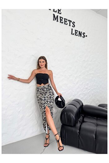 Elif Özbey Butik Fusta cu cataramă și fante cu imprimeu leopard