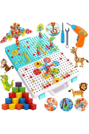 Depomiks Avm 3d Puzzle Çantalı Pilli Matkap Mozaik Hayvanlar Puzzle Eğitici Yapı Oyuncakları Renkli Ahşap Küpler