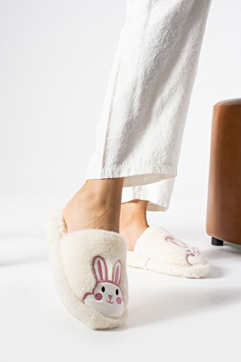 ALMİNA Rabbit Embroidered Plush Fluffy Women's Home Slippers - Silent Sole Dowry Slippers