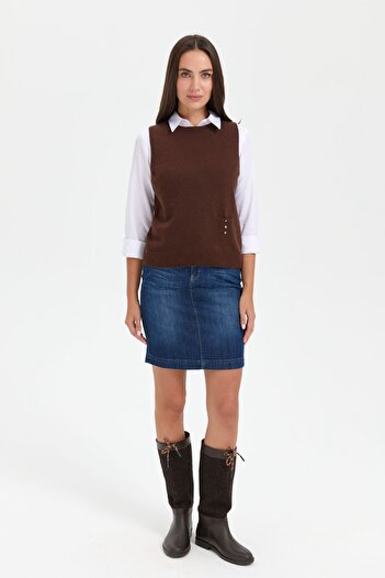 Desen Triko M. Brown Colored Women's Wool Sweater - Zero Collar and Pocket