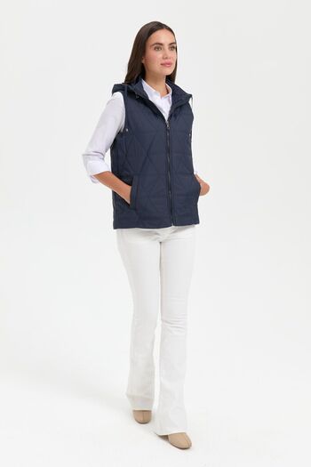 Desen Triko Navy Blue Women's Vest - Hooded, Triangle Patterned, Short Quilted
