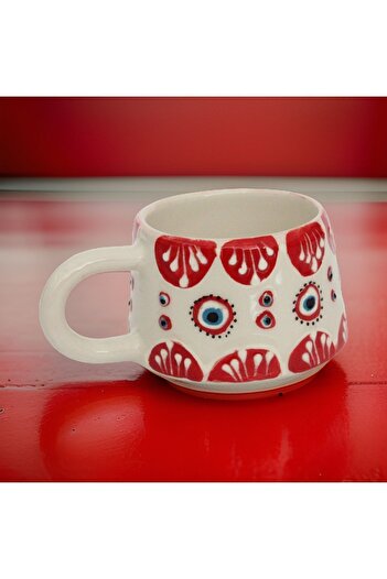 İlbay Çini Takı Ceramic Handcrafted Large Size Cup Mug Red Evil Eye Mug