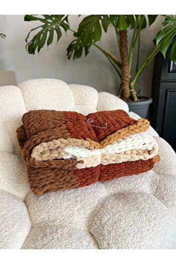 Missworble Hand Knitted Puffy Fireplace and TV Blanket Plain Knitted Boho Multicolor