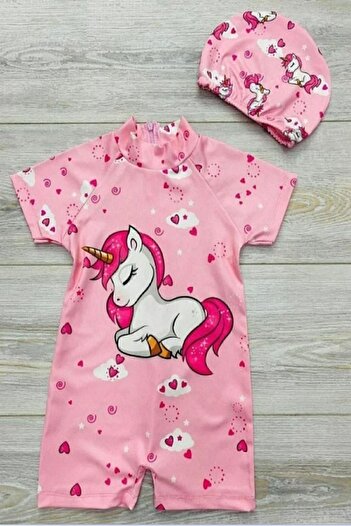 PODİUM GİYİM New Season Kids Girls Unicorn Printed Bonneted Quick Dry Swimsuit Set