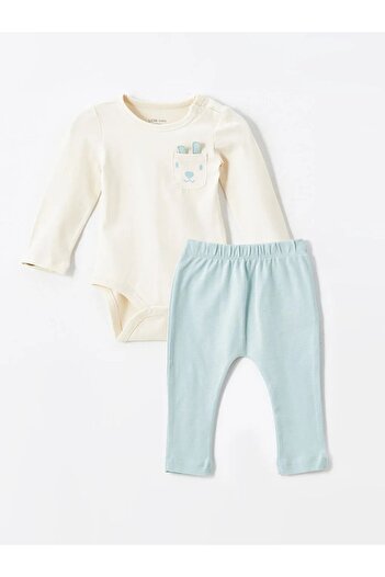 LC Waikiki LCW baby Açık Bej Bisiklet Yaka Baskılı Erkek Bebek Çıtçıtlı Body ve Pantolon 2'li Takım