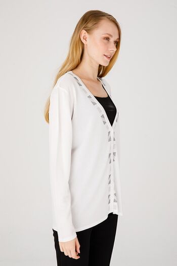 Desen Triko Knitwear Collar Colored Stone Printed Fine Woven Jacket Bone