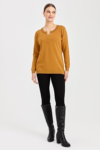 Desen Triko Women's Turn-down Collar Colored Seed Embroidered Blouse Mustard