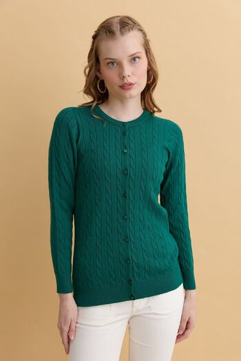 Desen Triko Women's Seamless Hair Braided Crew Neck Cardigan
