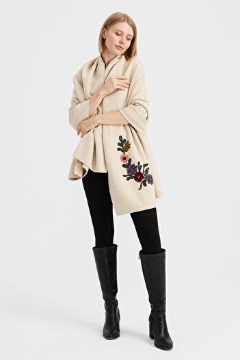 Desen Triko Women's Corners Embroidered Shawl T.Melange