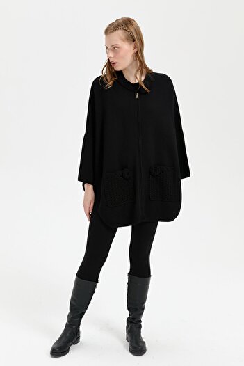 Desen Triko Black Short Poncho - Stand Collar and Rose Embroidered Zippered Women's Poncho