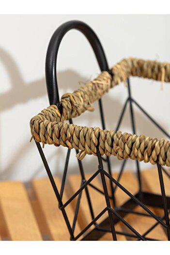 LC Waikiki Black Metal Organizer - Decorative Basket with Wicker Detail, 19X25X15 cm