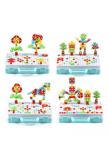 Depomiks Avm 3d Puzzle Çantalı Pilli Matkap Mozaik Hayvanlar Puzzle Eğitici Yapı Oyuncakları Renkli Ahşap Küpler