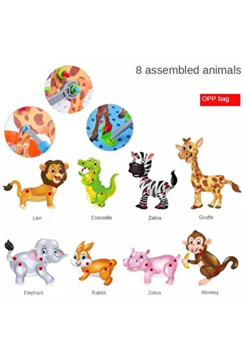 Depomiks Avm 3d Puzzle Çantalı Pilli Matkap Mozaik Hayvanlar Puzzle Eğitici Yapı Oyuncakları Renkli Ahşap Küpler