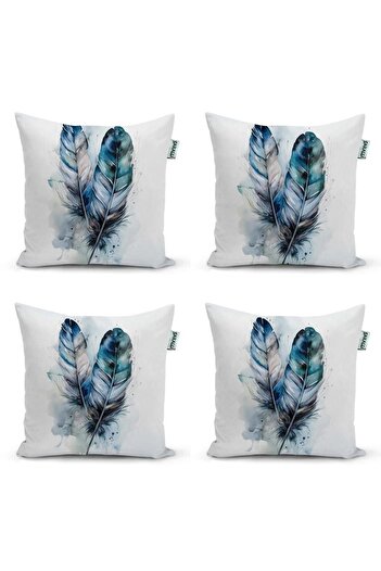 Sakallı Blue Luck Feather Pattern 3D Digital Printed Decorative 4-Piece Throw Pillow Cover