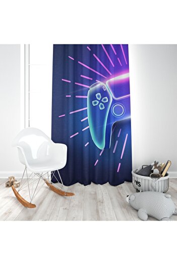 Bebemotto Joystick Oyun Kolu 2, Siyah, Mor, Mavi, Çocuk Ve Bebek Odası Fon Perde - 1 Kanat