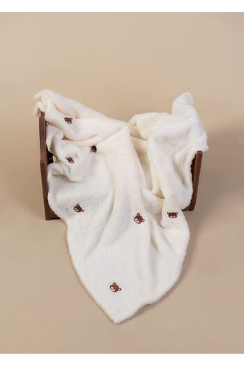 DensHaus Teddy Bear Patterned Embroidered Baby Blanket 90 X 110 Cream Wellsoft