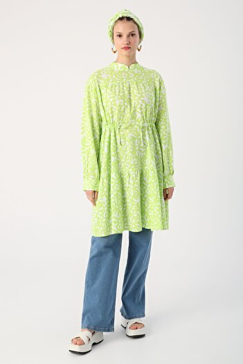 ALLDAY Green-white High Collar Waist Gather Detailed Patterned Tunic