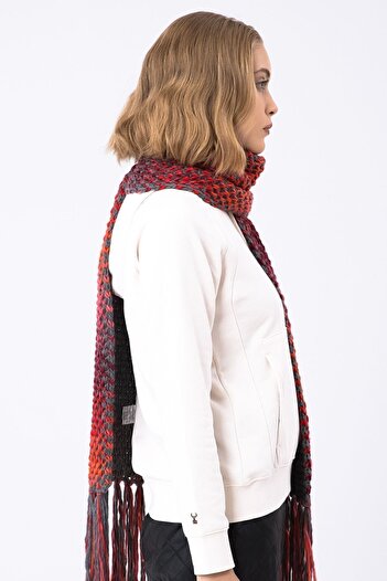 Nordbron Women's Dark Fuchsia Soft Textured Scarf Winter Colorful Knitwear Tasseled Flexible Carin Block Patterned