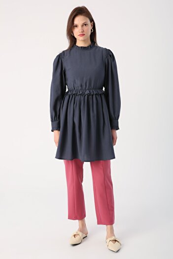 ALLDAY Navy Blue Ruffle Detailed Tunic with Gathered Waist