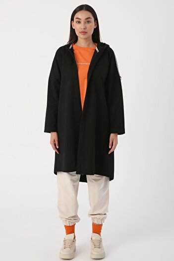 ALLDAY Black Hooded Loose Cardigan with Stripe Detail