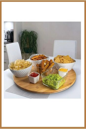 Atify Atify Bamboo 360 Degree Rotating Round Luxury Serving Presentation Plate Pizza Cheese Presentation Board 28cm
