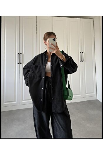 manana fashion Corduroy Black Velvet Casual Shirt and Trousers Set