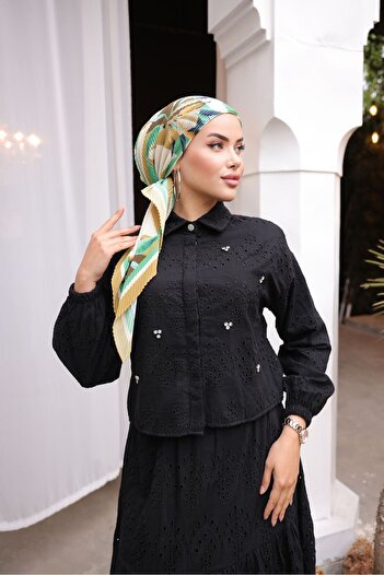hilla line Black Hijab - Stone Detailed Long Skirt Scallop Set