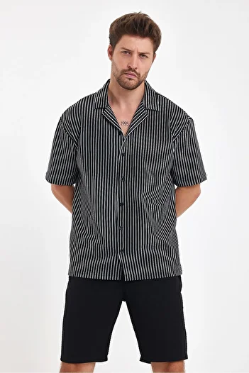 THE RULE Men's Black Striped Oversize Summer Shirt - Short Sleeve, Comfortable Fit