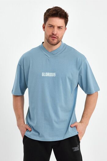 THE RULE Men's Collar Detailed Oversize 100% Cotton Loose Wide Cut Crew Neck Soft Textured Blue T-Shirt
