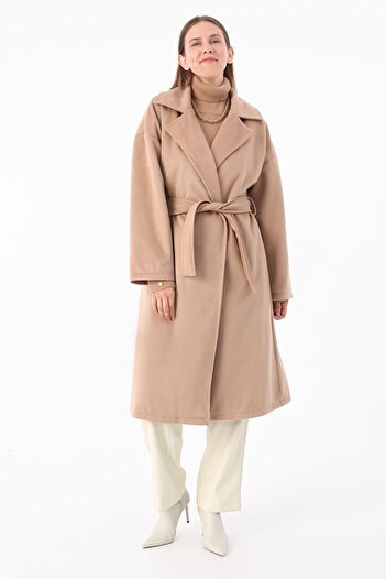 ALLDAY Dark Beige Double Breasted Collar Belted Stash Coat