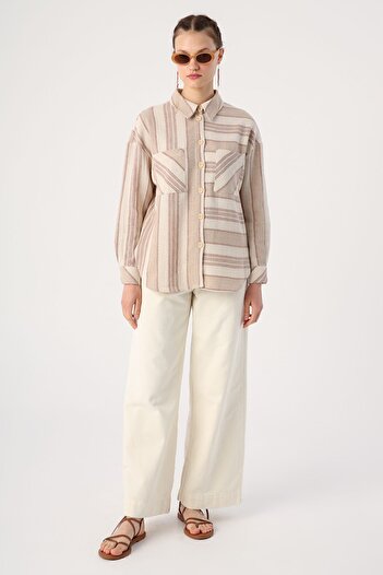 ALLDAY Μπλουζάκι Milk Brown βαμβακερό ριγέ με τσέπες και σκισίματα στα πλαϊνά