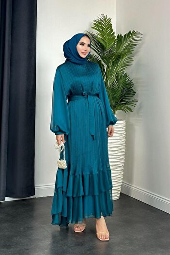Şule Giyim Tight Pleated Belted Evening Dress Emerald
