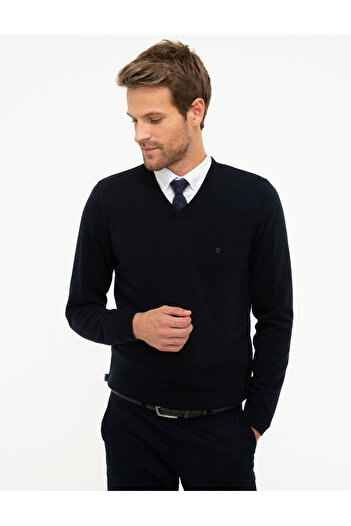 Pierre Cardin Dark Navy Blue Slim Fit V-Neck Basic Knitwear Sweater 50207495 -Vr100