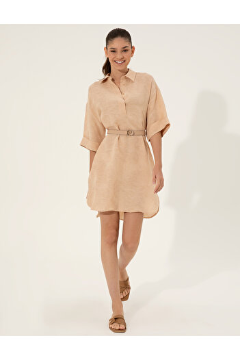 Pierre Cardin Beige Linen Blend A-Line Shirt Dress 50247236-Vr011