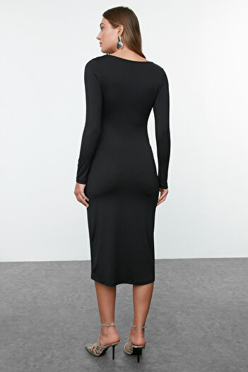 Trendyol Collection Black Polyamide Midi Knitted Dress - Straight Boat Neck, Bodycone Fit Twoaw25el00356